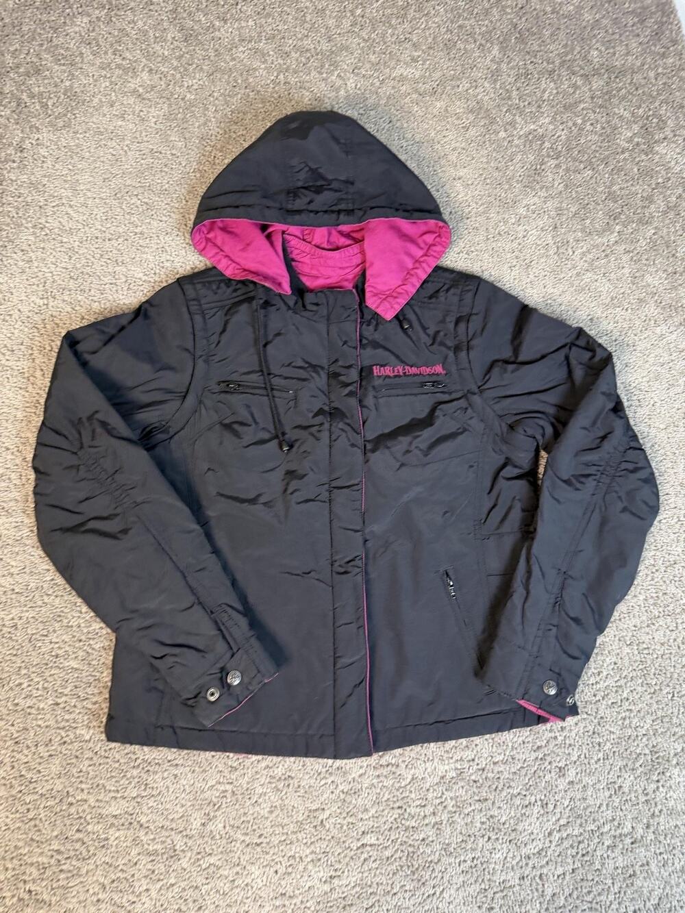 Harley-Davidson Jacket Womens L Black Hooded Pink Lined Embroidered Reversible
